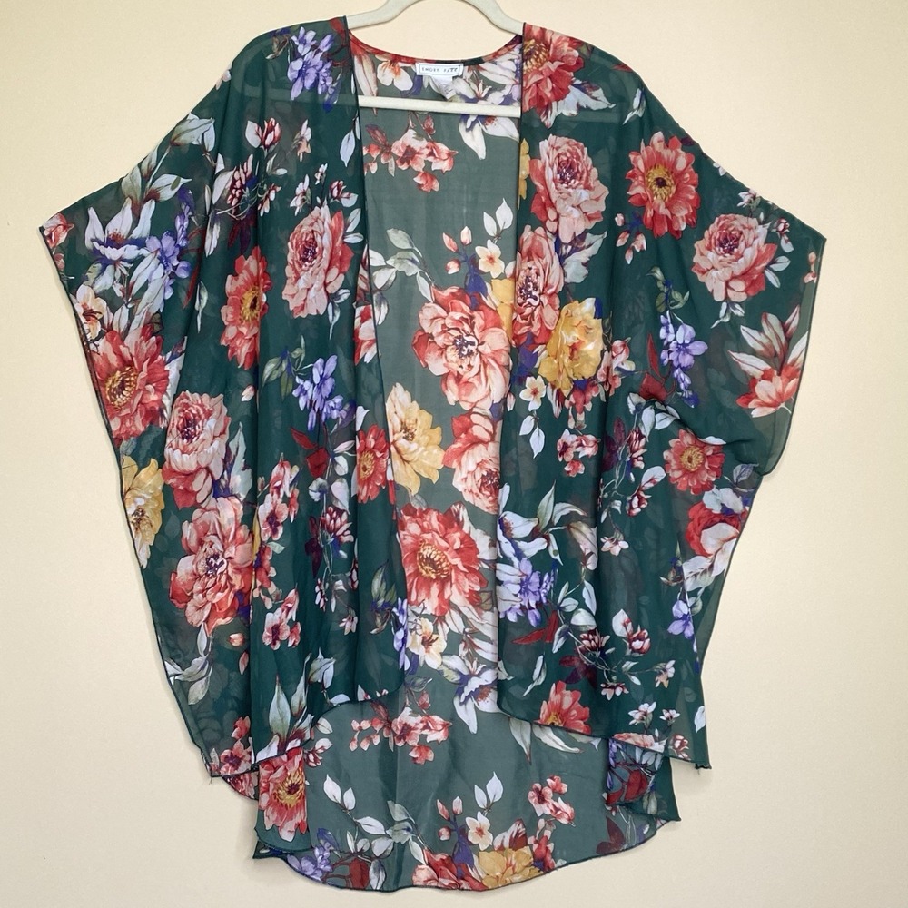 Emory Park Kimono Women 1XL Green Floral Sheer Chiffon Open Front Wrap Boho
